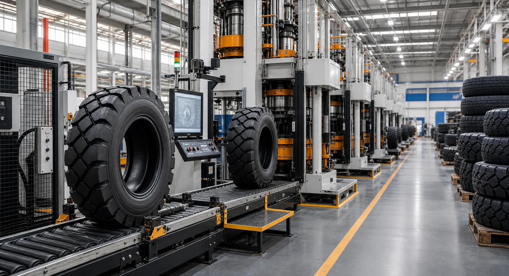 Modern tire factory production line with industrial tires and curing equipment