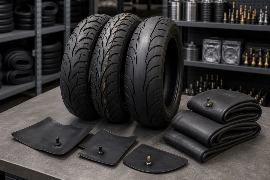 Motorcycle tires, tubes and tire flaps on workshop table