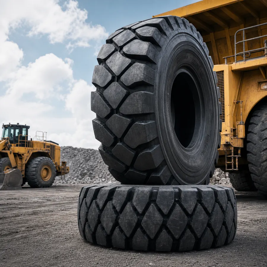 OTR mining tire near heavy equipment