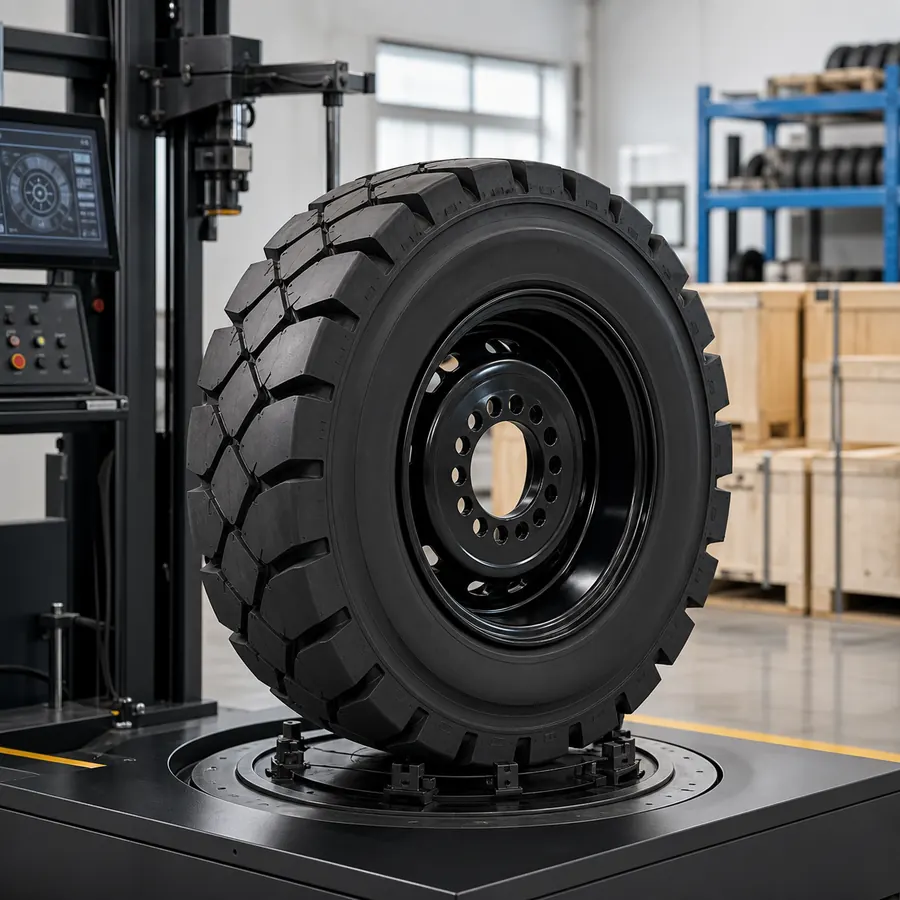 Tire and wheel rim assembly on testing equipment